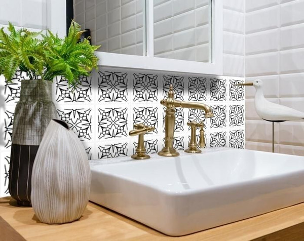 6" X 6" White and Black Cross Peel and Stick Removable Tiles N270-399932
