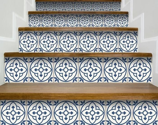8" X 8" Tulipa Blue and White Peel and Stick Removable Tiles N270-399849