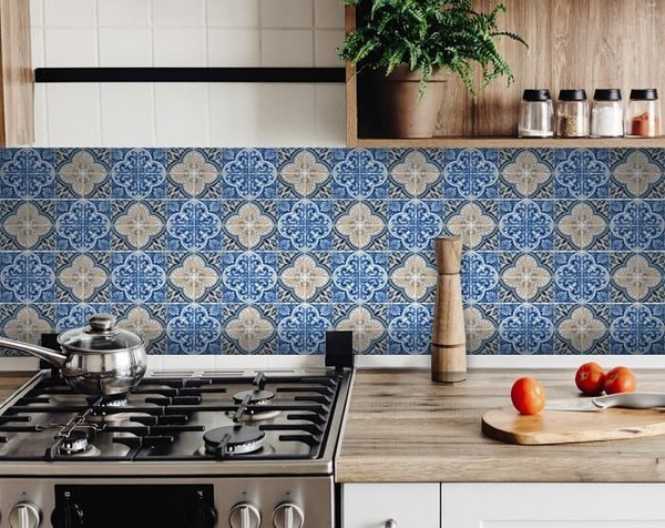 5" X 5" Blues and Crema Peel And Stick Removable Tiles N270-400085