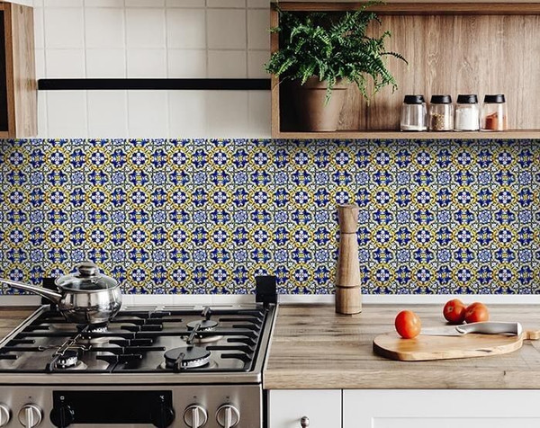 6" X 6" Blue and Yellow Links Peel And Stick Tiles N270-400092