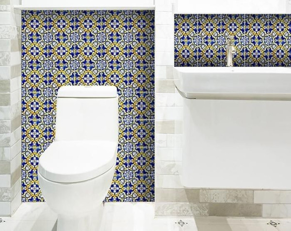 6" X 6" Blue and Yellow Links Peel And Stick Tiles N270-400092