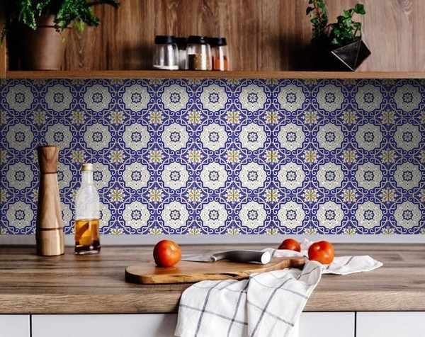 4" X 4" Blue White and Gold Mosaic Removable Tiles N270-399830