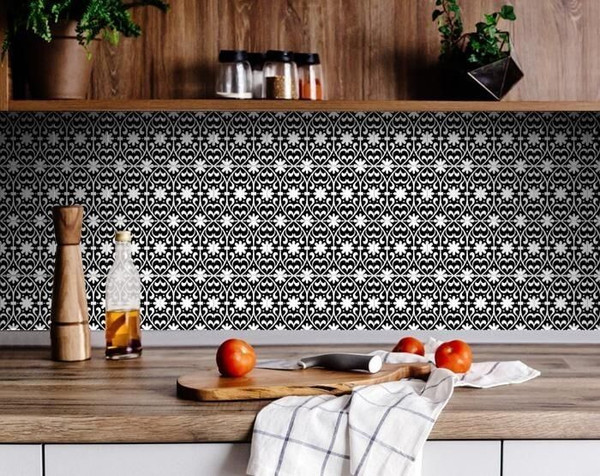 8" X 8" Black and White Floral Peel and Stick Removable Tiles N270-399879