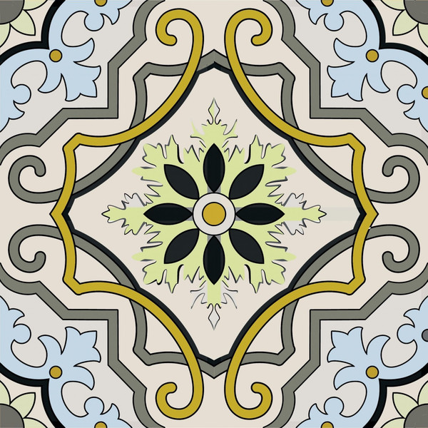 7" X 7" Taupe and Blue Scroll Peel and Stick Tiles N270-400048