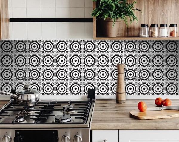 6" X 6" Black and White Posy Peel and Stick Removable Tiles N270-399982
