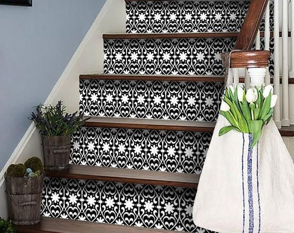 6" X 6" Black and White Floral Peel and Stick Removable Tiles N270-399877