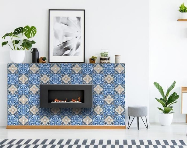 4" X 4" Blues and Crema Peel And Stick Removable Tiles N270-400084