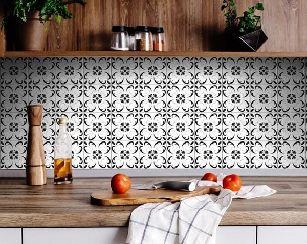 7" X 7" Black and White Delia Peel and Stick Removable Tiles N270-399893