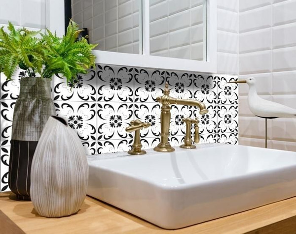 7" X 7" Black and White Delia Peel and Stick Removable Tiles N270-399893