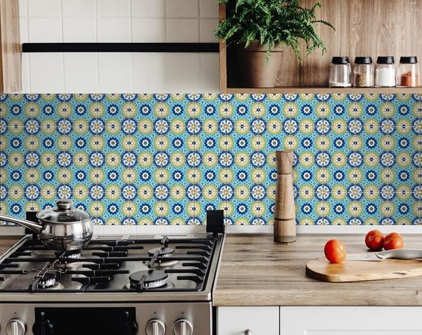 7" X 7" Aqua Floral Peel and Stick Removable  Tiles N270-400038
