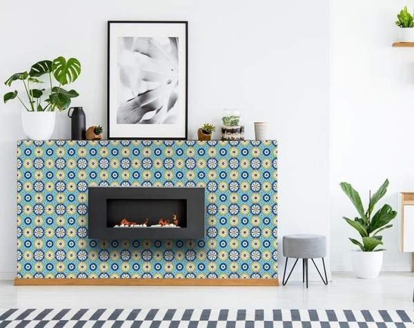 7" X 7" Aqua Floral Peel and Stick Removable  Tiles N270-400038