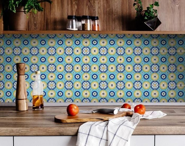7" X 7" Aqua Floral Peel and Stick Removable  Tiles N270-400038