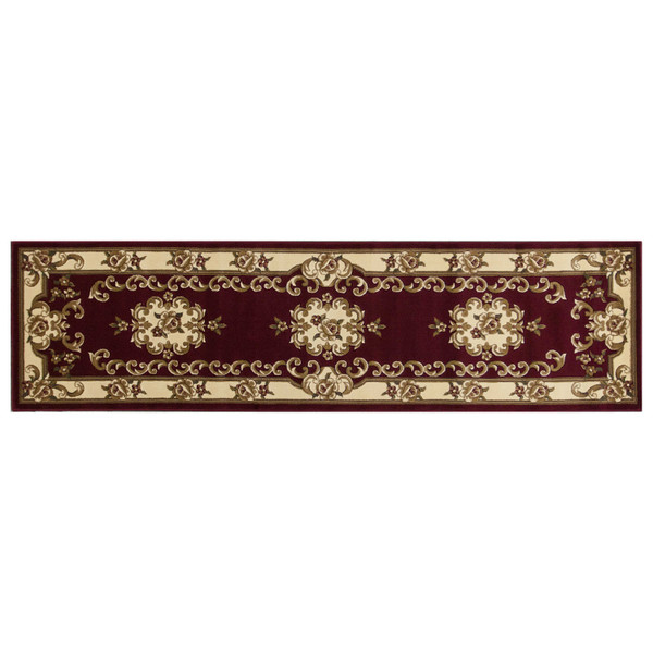 8' Red and Ivory Floral Border Runner Rug N270-353667