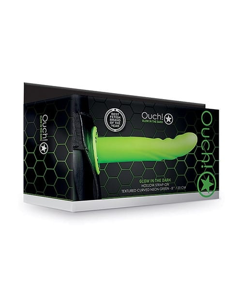 Shots Ouch 8" Textured Curved Hollow Strap On - Glow in the Dark X615-SHTOU815GLO