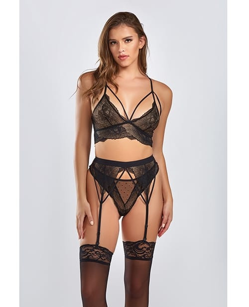 Everly Dot Mesh & Galloon Lace Strappy Bra, Garterbelt & Hipster Panty Black 2X X615-ICC77068-BK-2X