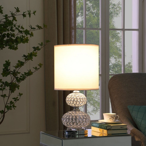 24" Chrome and Faux Crystal Double Orb Table Lamp With White Classic Drum Shade N270-468760