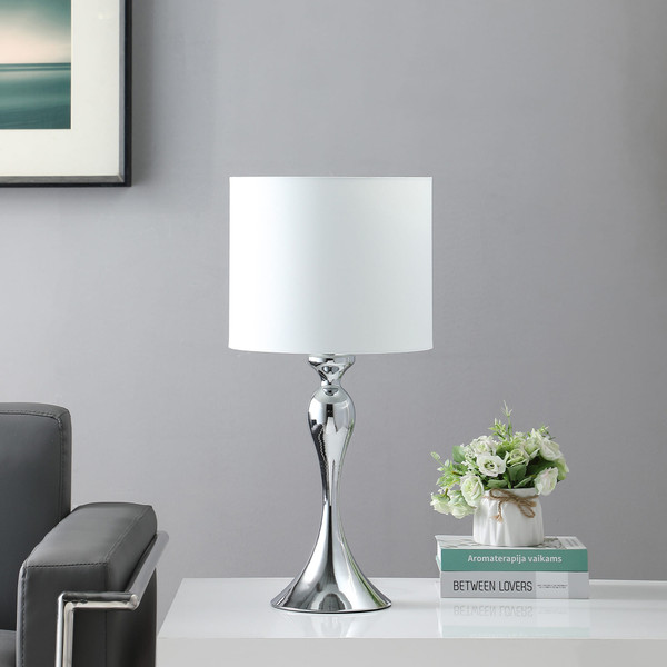 25" Silver Sleek Table Lamp With Off White Drum Shade N270-524252