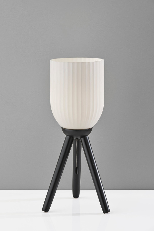 23" Black Solid Wood Tripod Table Lamp With White Ribbed Glass Shade N270-524622