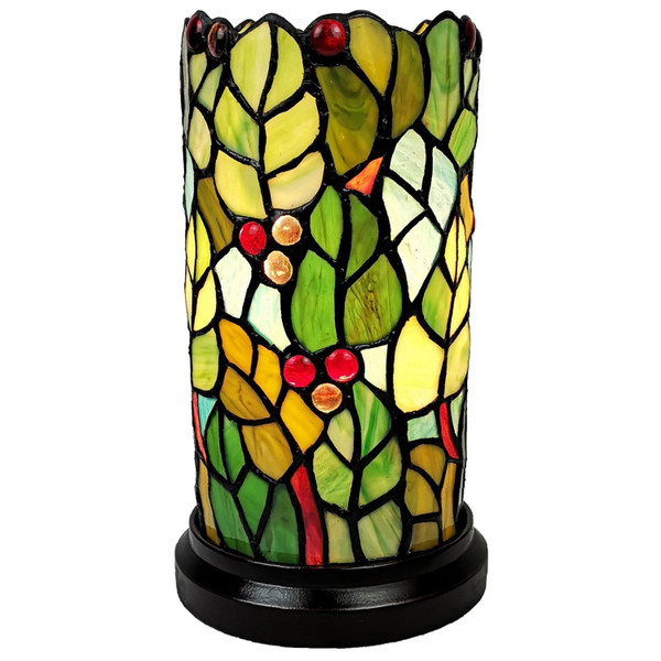11" Green and Red Leaves and Berries Stained Glass Accent Lamp N270-478110