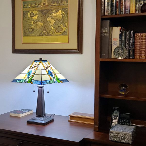 22" Dark Brown Metal Two Light Candlestick Table Lamp With Blue and Beige Shade N270-478116