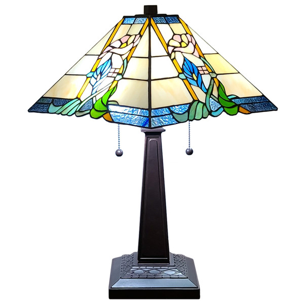 22" Dark Brown Metal Two Light Candlestick Table Lamp With Blue and Beige Shade N270-478116