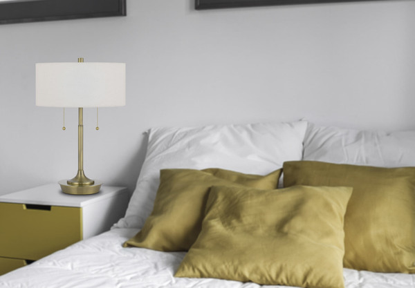 20" Antiqued Brass Metal Two Light Candlestick Table Lamp With White Drum Shade N270-524727