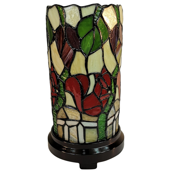 14" Red Green and Black Floral Stained Glass Accent Lamp N270-478105