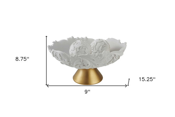 9" Matte Gold And White Polyresin Decorative Bowl With Orbs N270-468349