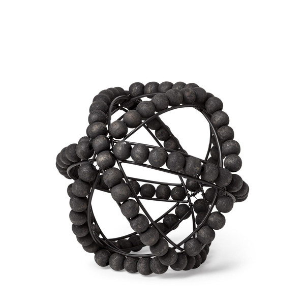 9" Black Wooden Bead And Metal Orb Sculpture N270-392509