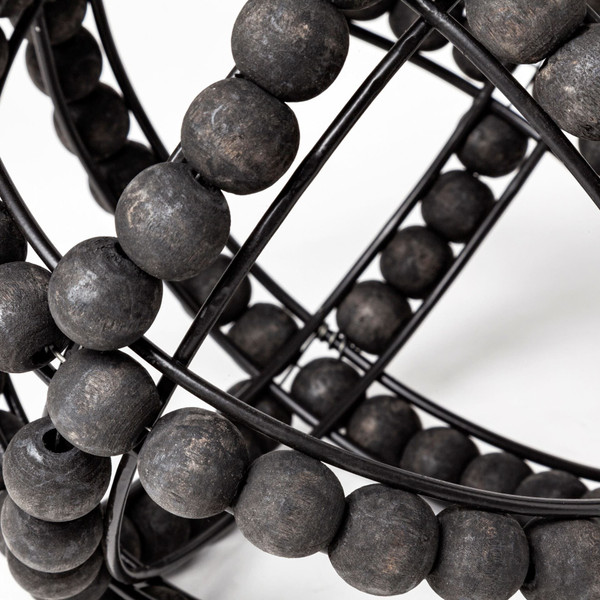 9" Black Wooden Bead And Metal Orb Sculpture N270-392509
