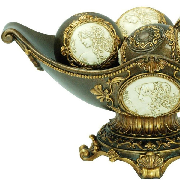 8" Bronze Polyresin Classical Greek Decorative Bowl With Orbs N270-468311