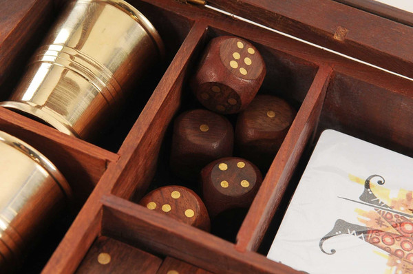 5.25" X 8" X 2.5" Wooden Game Set With Brass Goblet N270-364349
