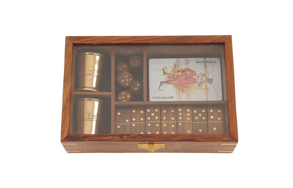 5.25" X 8" X 2.5" Wooden Game Set With Brass Goblet N270-364349