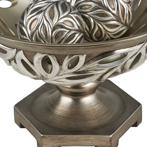 13" Brushed Silver Leaf Polyresin Decorative Pedestal Bowl with Orbs N270-468319
