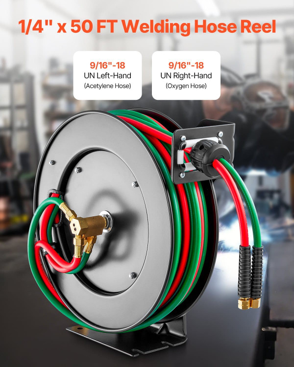 Retractable Welding Hose Reel, 1/4-Inch x 50FT Twin Oxygen Acetylene Rubber Hose Max 300PSI - T Gra E415-HJRGJP50FTZDID1LEV0