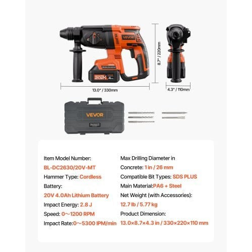 20V Brushless Cordless Hammer Drill, Lithium-Ion 1 Inch Rotary Hammer Driver, SDS-Plus Electric Lig E415-DC20WSDC26MMTHJL9001V1
