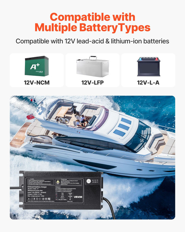 Marine Battery Charger, 1-Bank, 10A 12V Onboard Boat Charger, IP68 Waterproof Smart On-Board Batter E415-CYCDQ10A1FL0KO1V5001V5
