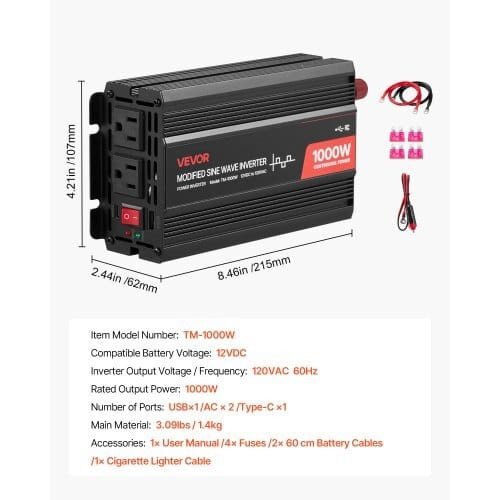 1000W Power Inverter, 12V DC to 120V AC Modified Sine Wave Inverter, Car Charger Converter with USB E415-WXSPXZXNBQ109ETRO001V1