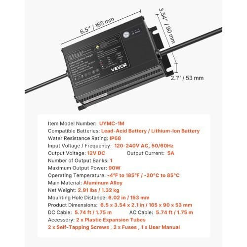 Marine Battery Charger, 1-Bank, 5A 12V Onboard Boat Charger, IP68 Waterproof Smart On-Board Battery E415-CYCDQ5A1FL00YMIYP001V5