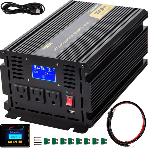Power Inverter, 2000W Modified Sine Wave Inverter, DC 12V to AC 120V Car Converter, with LCD Displa E415-ZNB2KW-12-1200I8XV9