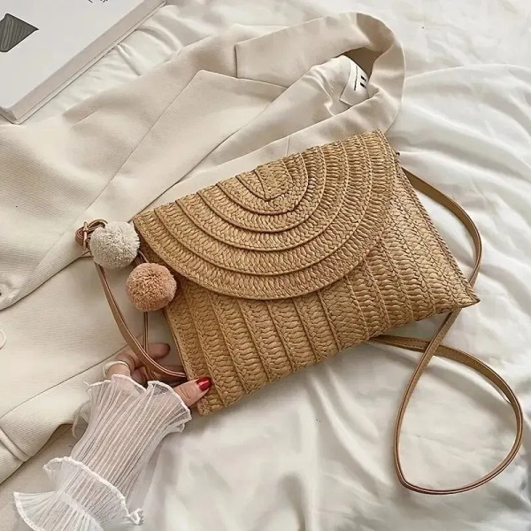 Color: Brown - Handmade Straw Beach Shoulder Crossbody Bag Girls Envelope Woven Summer Small Hair B F640-12000038240757859