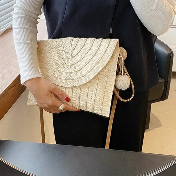 Color: Brown - Handmade Straw Beach Shoulder Crossbody Bag Girls Envelope Woven Summer Small Hair B F640-12000038240757859
