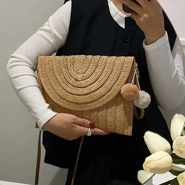 Color: Brown - Handmade Straw Beach Shoulder Crossbody Bag Girls Envelope Woven Summer Small Hair B F640-12000038240757859