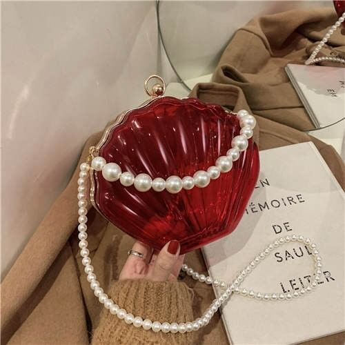 Fashion Pearl Chain Shell Shaped Design Wholesale Women Shoulder Bag - Red A392-fhbg0324
