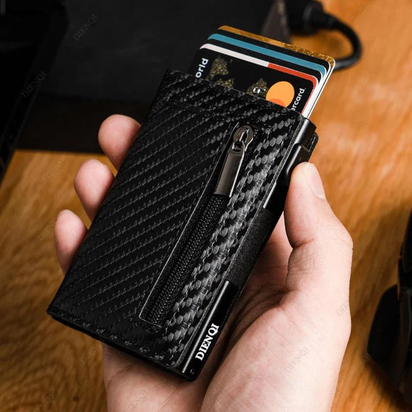 Color: Beige - RFID Blocker Minimalistic Men Wallet Business Credit Card Holder Carbon Fiber Leathe F640-12000050527595986