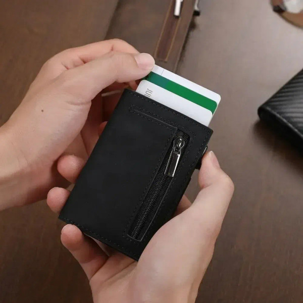 Color: Beige - RFID Blocker Minimalistic Men Wallet Business Credit Card Holder Carbon Fiber Leathe F640-12000050527595986