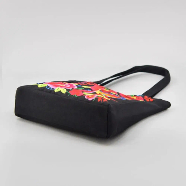 Color: Black - Ethnic Style Women Shoulder Bag Casual Canvas Large Capacity Embroidered Tote Bag Ha F640-12000039387557543