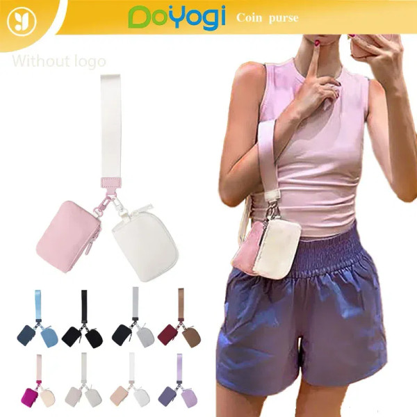 Color: Blue - Mini Dual Coin Pouch Solid Color Wristlet Keychain Wallet Change Pocket Handbag lulu  F640-12000039741813999