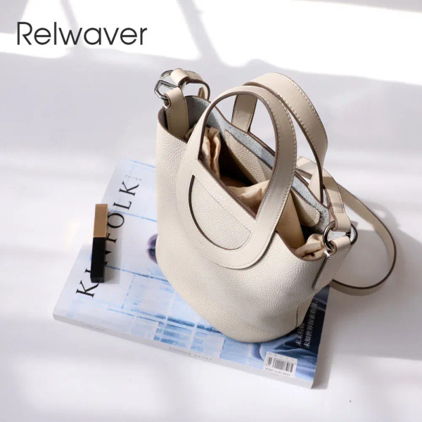 Relwaver genuine leather bags women 2023 spring summer bucket hand bag beige white grey small cow l F640-3256804943579276