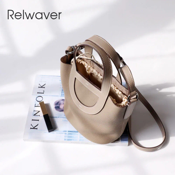 Relwaver genuine leather bags women 2023 spring summer bucket hand bag beige white grey small cow l F640-3256804943579276